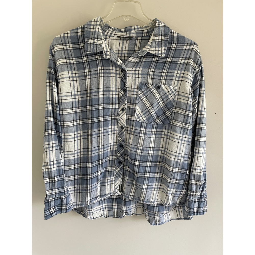 Eddie Bauer Womens XXL Blue White Plaid Flannel Button Down Shirt Long Sleeve
